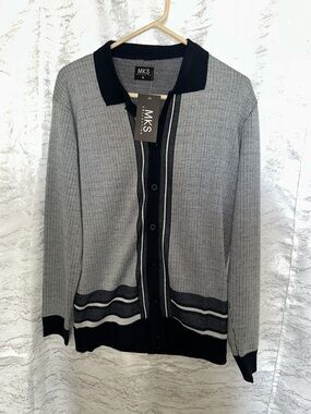 MKS Men's Gray Knit Cardigan with Black Trim